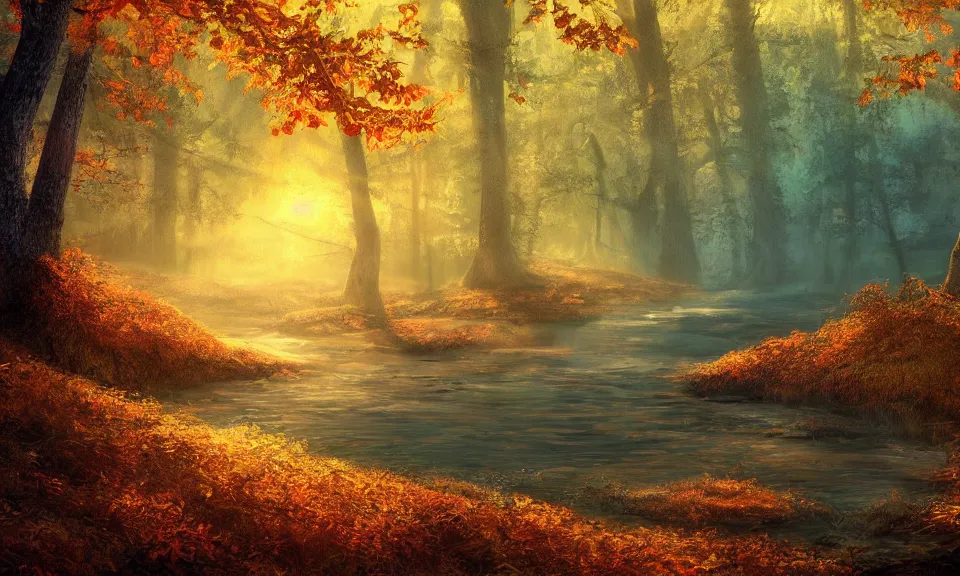 Image similar to river in a forest during the golden hour in autumn, digital art, concept art, fantasy art, highly detailed, hd wallpaper, hdr, artstation, deviantart, behance