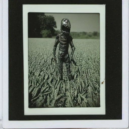 Prompt: an old polaroid of a creepy monster in a cornfield