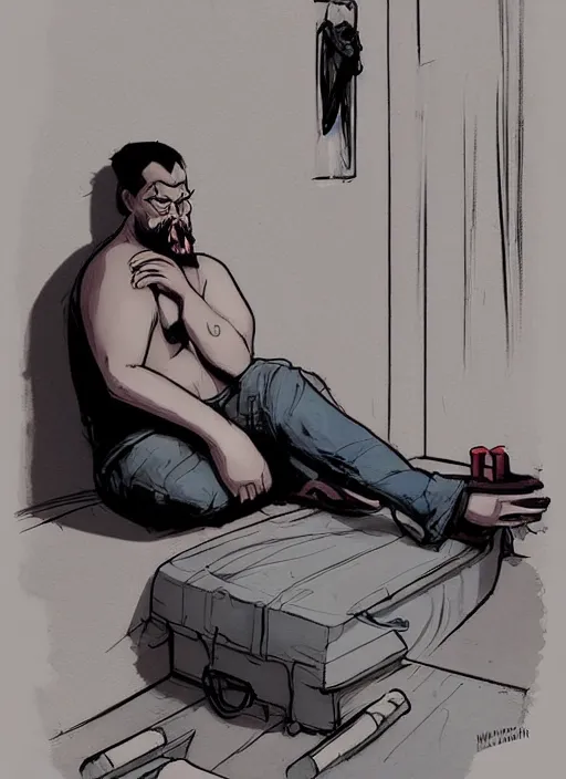 Prompt: a skinny fat depressed and ugly man sitting in his dark and dirty apartment, bottles of alcohol next to him, in the style of artgerm, gerald brom, atey ghailan and mike mignola, vibrant colors and hard shadows and strong rim light, plain background, comic cover art, trending on artstation