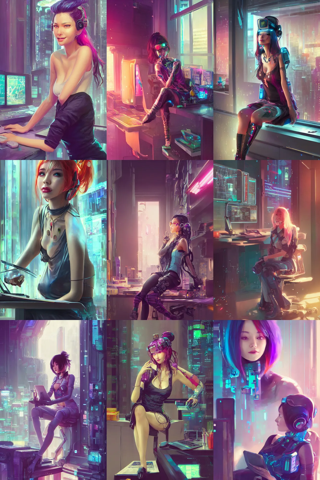 Prompt: a beautiful cyberpunk girl sitting in her office | | cute - fine - subtle smile, colorful hair, face, pretty face, fine details by stanley artgerm lau, wlop, rossdraws, james jean, andrei riabovitchev, marc simonetti, and sakimichan, trending on artstation