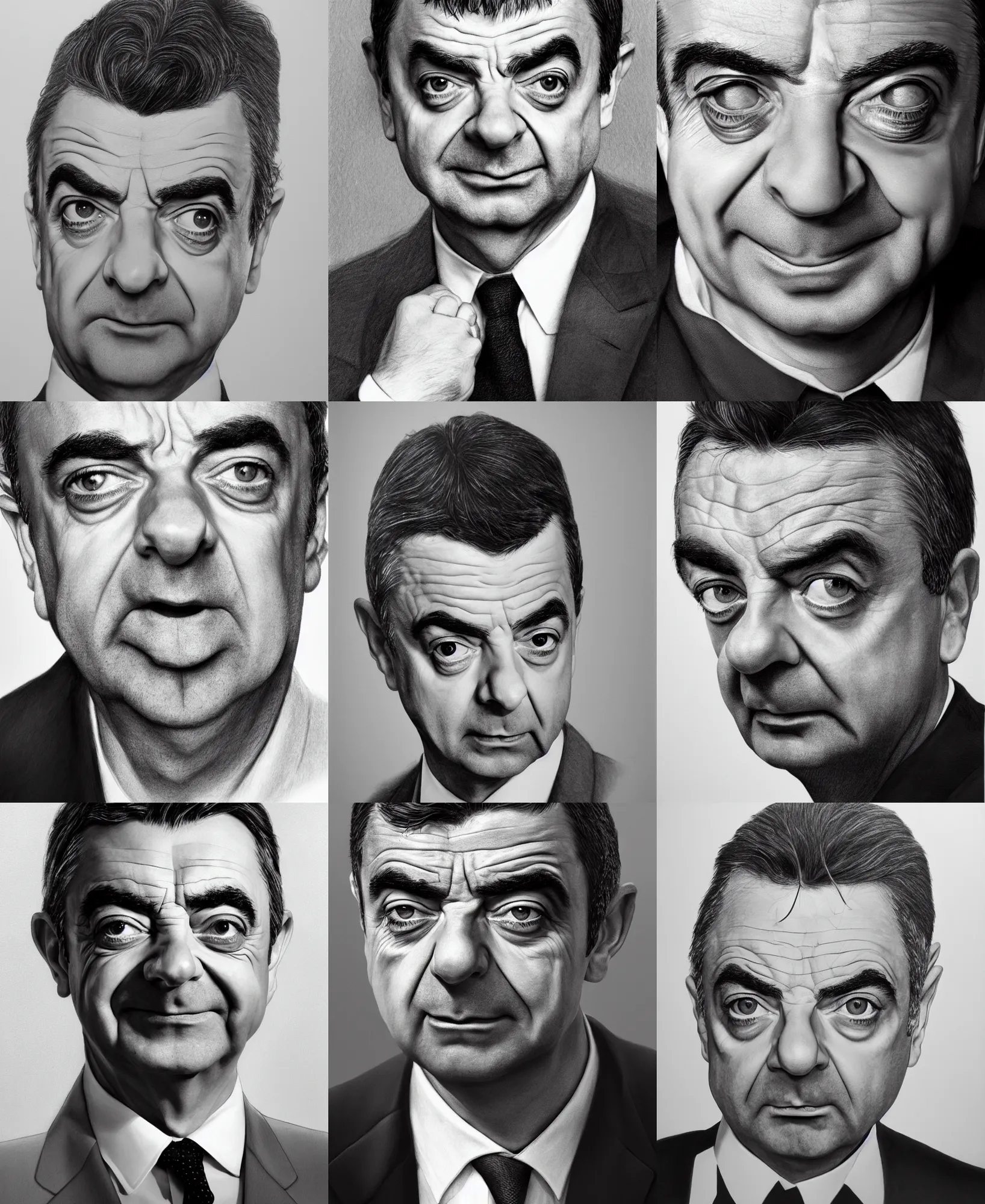 Prompt: hyperrealistic pencil portrait of rowan atkinson, award winning lighting and composition, high detail, coherent, trending on artstation