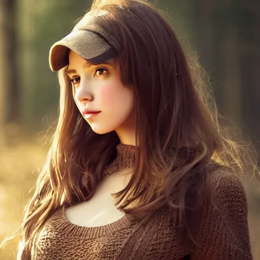 Image similar to real life photo of a beautiful girl, full body photoshoot, long brown hair, brown eyes, full round face, short smile, belly free, brown sweater, forest setting, cinematic lightning, medium shot, mid - shot, highly detailed, trending on artstation, unreal engine 4 k, 8 0 mm, 8 5 mm, cinematic wallpaper