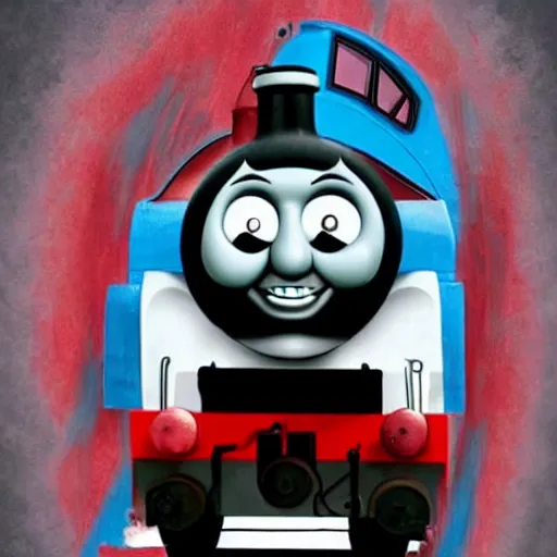 Prompt: cursed horror thomas the tank engine coming to get you, terrifying, found footage, grunge, low-res, trending on artstation