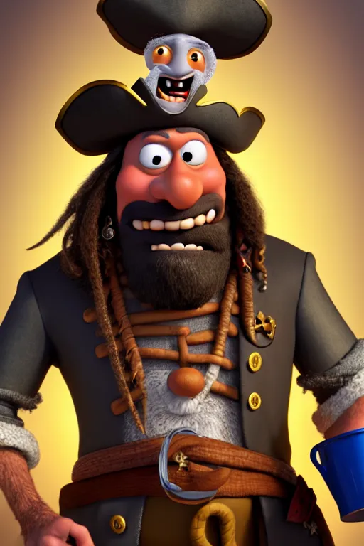 Image similar to portrait of the pirate blackbeard holding a cup of coffee, full body. pixar disney 4 k 3 d render funny animation movie oscar winning trending on artstation and behance. ratatouille style.