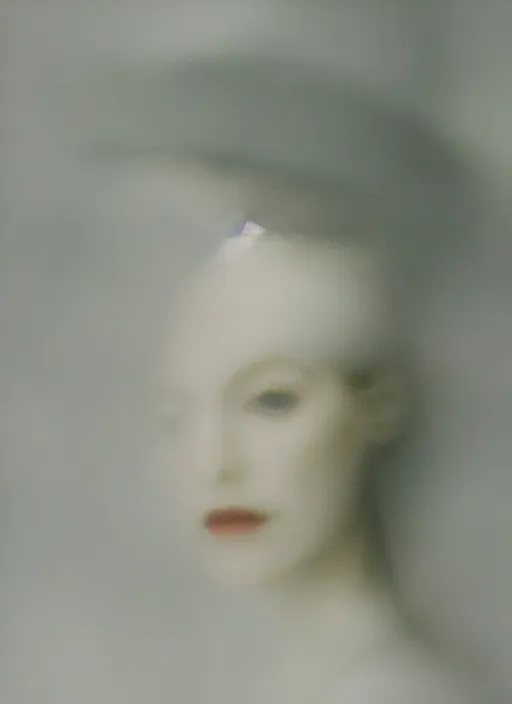 Image similar to out of focus photorealistic portrait of a beautiful pale young woman by sarah moon, very blurry, translucent white skin, closed eyes, foggy, closeup, with a weird hat