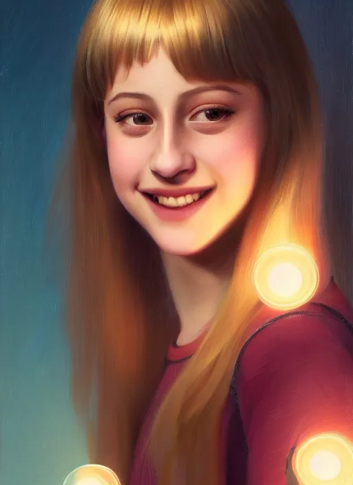 Image similar to portrait of teenage lili reinhart with bangs, smiling kindly, bangs, 1 9 6 0 s, ponytail, bangs and ponytail, intricate, elegant, glowing lights, highly detailed, digital painting, artstation, concept art, smooth, sharp focus, illustration, art by wlop, mars ravelo and greg rutkowski