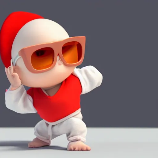 Prompt: a cute light red baby chick, with an old crt monitor for its head, with big fashion sunglasses, a baseball cap and big headphones, doing karate moves in the air, 3 d render by pixar and disney