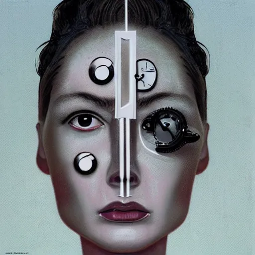 Prompt: The illustration is an abstract portrait of a woman. The woman's face is divided into two halves, one half is black and the other is white. The woman's eyes are large and staring. The illustration is full of energy and movement. clockpunk, macro photo by Vincent Di Fate, by Mark Ryden