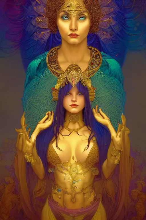 Image similar to portrait of a beautiful sorceress by artgerm, mandala, vivid color, complementary color, golden ratio, detailed, sharp lines, sharp focus, intricate, rainbowshift, by maxfield parrish, by peter mohrbacher, by gustave dore, by alphonse mucha, deviantart, octane render