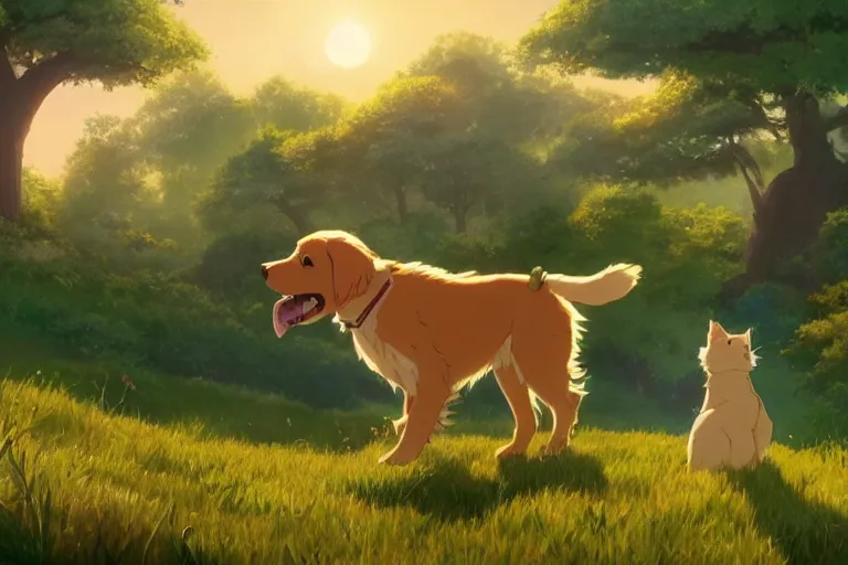 Image similar to a wholesome animation key shot of a golden retriever and a cat playing on a hill, medium shot, studio ghibli, pixar and disney animation, sharp, rendered in unreal engine 5, anime key art by greg rutkowski, bloom, dramatic lighting