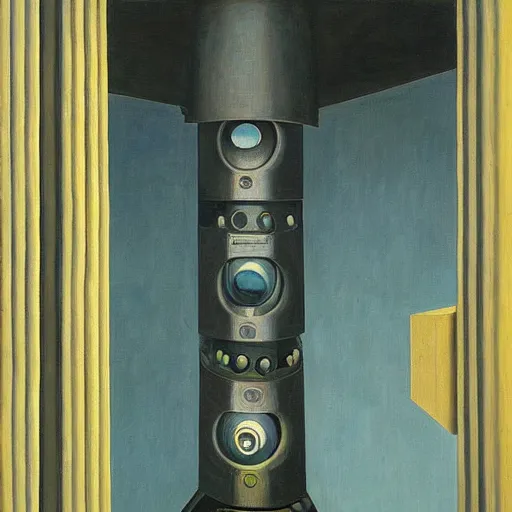 Image similar to view from bottom of a shaft looking up, robot overlords peering down, pj crook, edward hopper, oil on canvas