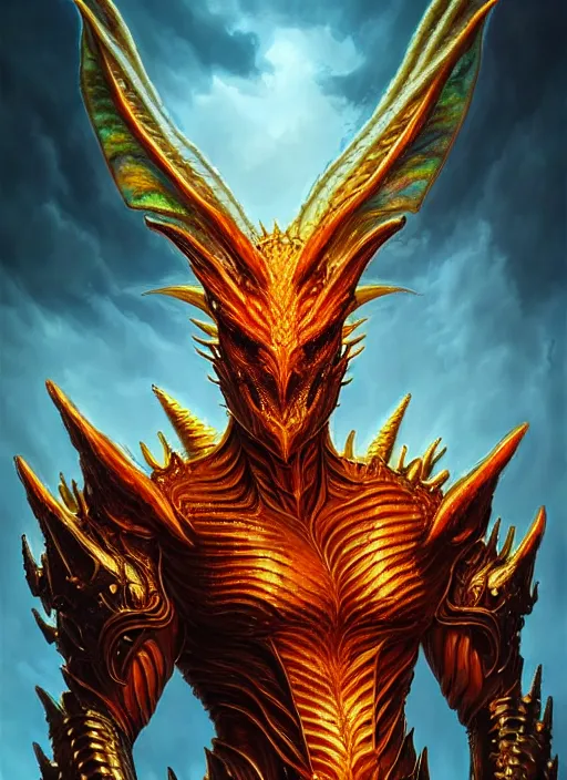 Image similar to muscular and tall ghostly fire humanoid dragon!!!! draconian!! intricate ornate iridescent heavy armor!! character concept art, sharp focus, octane render! unreal engine 5! highly rendered!! trending on artstation!! detailed linework!! illustration by artgerm, wlop, and chie yoshii