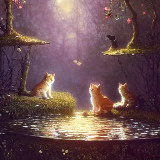 Image similar to two kittens in the enchanted forest watching the goldfish in the stream, fantasy, intricate, extremely detailed, matte, artstation, art by greg rutkowski, louis wain, alan lee