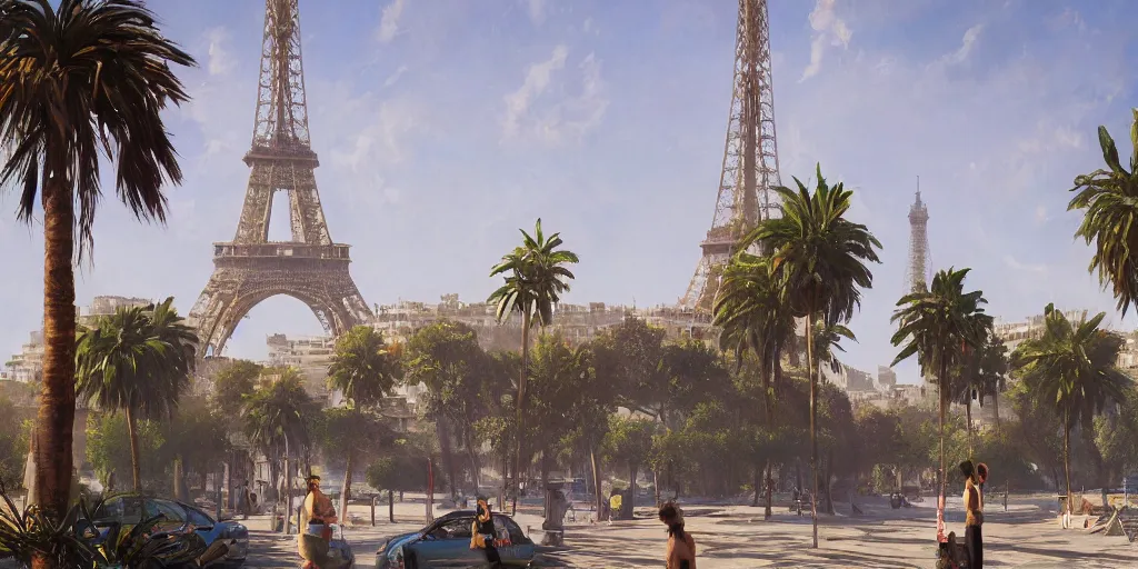 Image similar to beautiful landscape of the wonderful city of paris built in california, amazing sunny weather, eiffel tower next to the beach, palm trees, splendid haussmann architecture, digital painting, highly detailed, intricate, craig mullins, greg rutkwowski, matte painting, trending on artstation