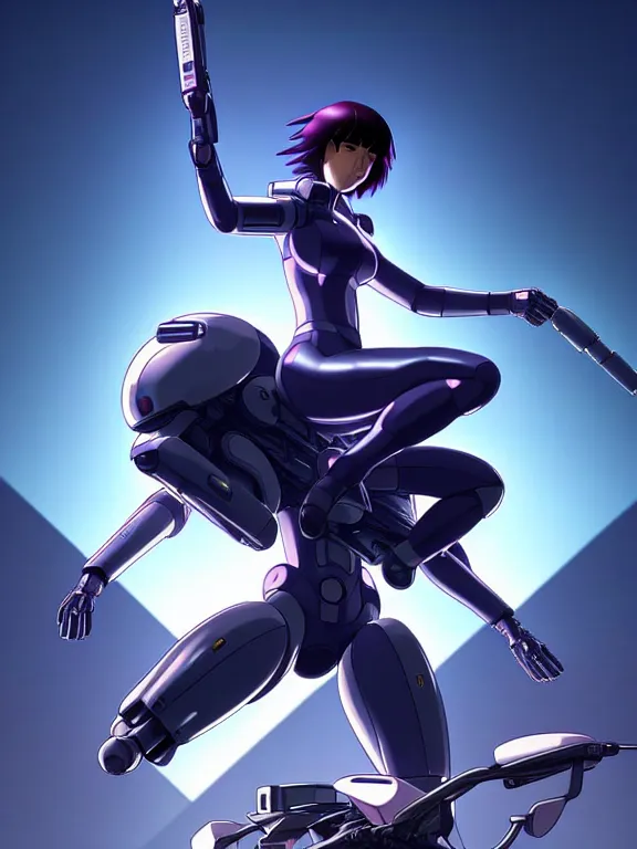 Image similar to a fullbody action still of motoko kusanagi riding on top of a tachikoma, the major ghost in the shell : : stand alone complex, under repairs, maintenance : : by ilya kuvshinov, rossdraws, artgerm, sola digital arts, anti aliasing, raytracing : :