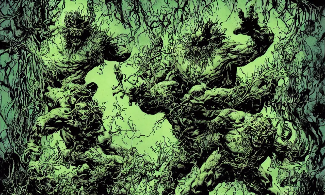 Image similar to swamp thing in a dynamic action pose, forward angle, dramatic night lighting, by bernie wrightston, mike mignola and bill sienkiewicz, monstrous faces blended in the background scenery, canopy of drippy trees