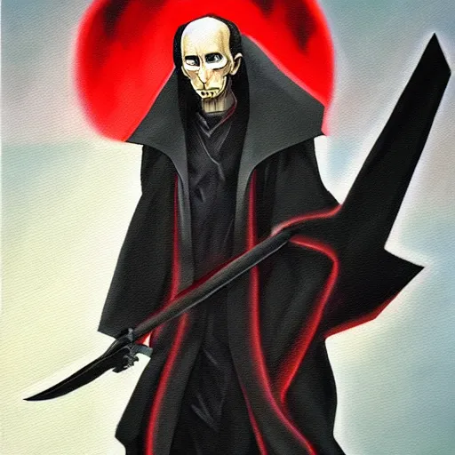 Prompt: Trending on artstation, Grim Reaper Vladimir Putin from Yu-Gi-Oh, in the style of Kazuki Takahashi, oil on canvas