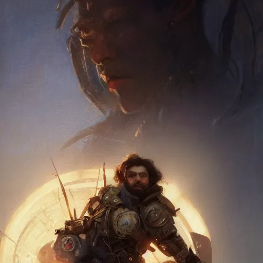 Image similar to handsome portrait of ezra klein posing, radiant light, caustics, war hero, apex legends, by gaston bussiere, bayard wu, greg rutkowski, giger, maxim verehin