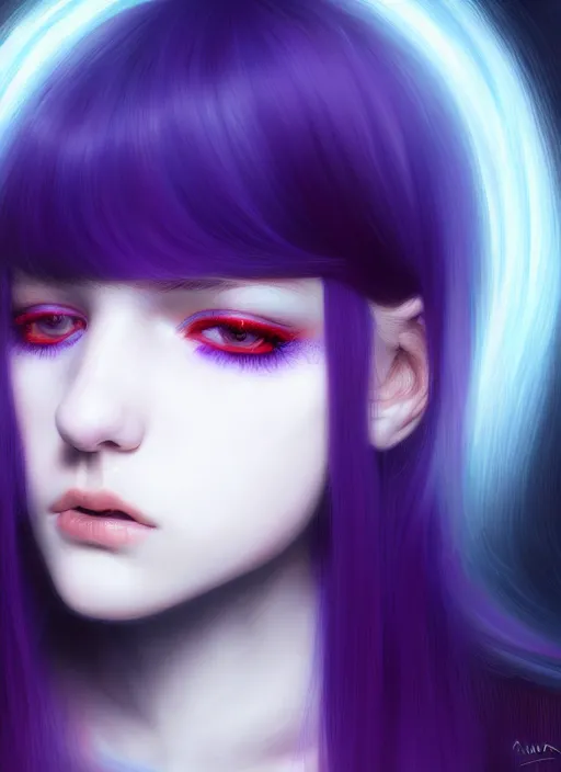 Image similar to hair whitebangs hair, black hair, whitebangs, portrait of teenage girl with white bangs, red irises, purple clothes, white bangs, bangs are different color from hair, intricate, elegant, glowing lights, highly detailed, digital painting, artstation, concept art, smooth, sharp focus, illustration, art by wlop, mars ravelo and greg rutkowski