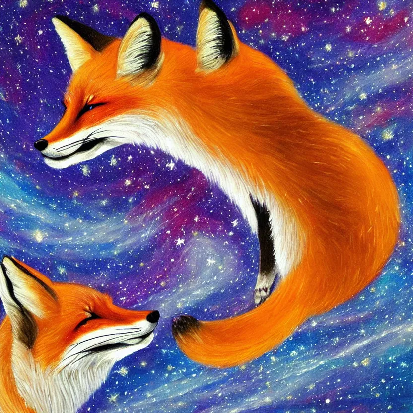 Image similar to a centred painting of a fox looking up at the colourful galaxy in the style of Starry Night, highly detailed, trending on artstation