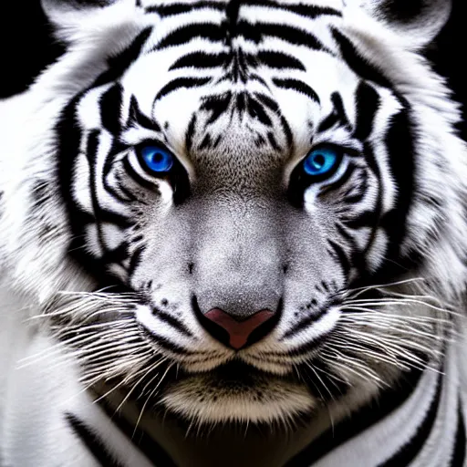 Prompt: photograph of a white tiger with piercing blue eyes, dramatic lighting, dramatic lighting, beautiful, epic, glorious, extreme detail, 4k, award-winning