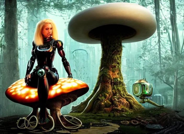 Prompt: photo of an intricate and sophisticated terminator woman with borg enhancements, blonde hair and detailed pretty face sitting on a giant mushroom in a weird magical mechanical forest and drinking a cup of tea. Very detailed 8k. Fantasy cyberpunk horror. Sharp.