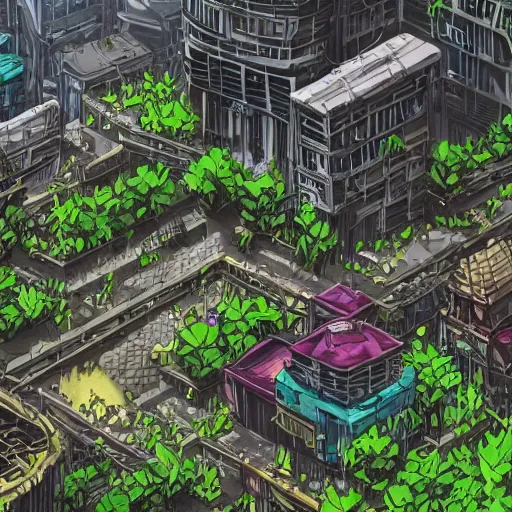 Image similar to cyberpunk city in ruin, overgrown, nature returning, lush vegetation and animals