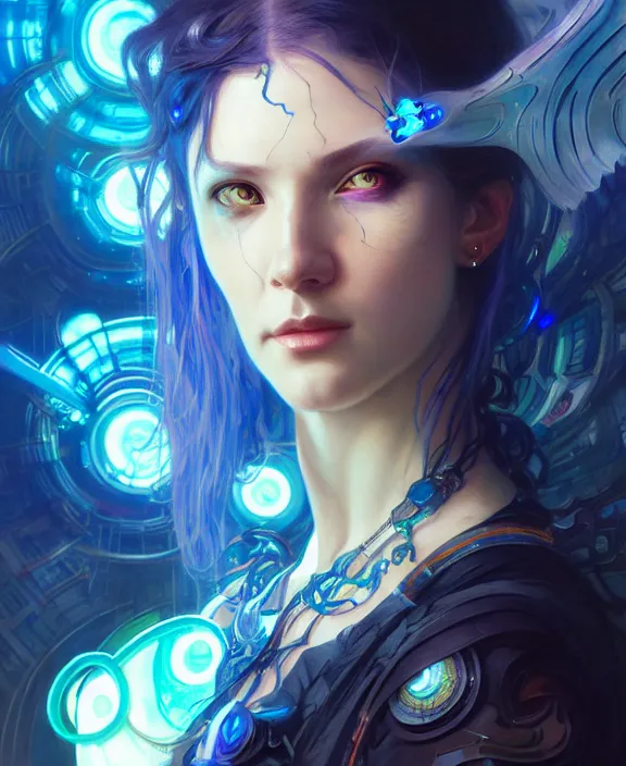 Prompt: a whirlwind of souls rushing inside a cyberpunk metaverse, half body, blue glowin eyes, d d, fantasy, intricate, elegant, highly detailed, colorful, vivid color, digital painting, artstation, concept art, art by artgerm and greg rutkowski and alphonse mucha and ruan jia