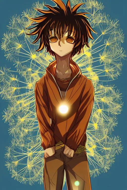 Image similar to amber glowing luminescent dandelion male anime character, symmetrical, highly detailed, digital art, sharp focus, trending on art station, amber eyes, autumnal colours