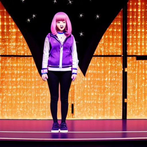 Image similar to chiaki nanami, a japanese girl with light hair in a bob that curls outward, a galaga hairpin, a dark turquoise hoodie, and a kind face stars in a broadway show, chiaki nanami from danganronpa, proshot getty images fullbody stage lights, gamer themed, professional photography