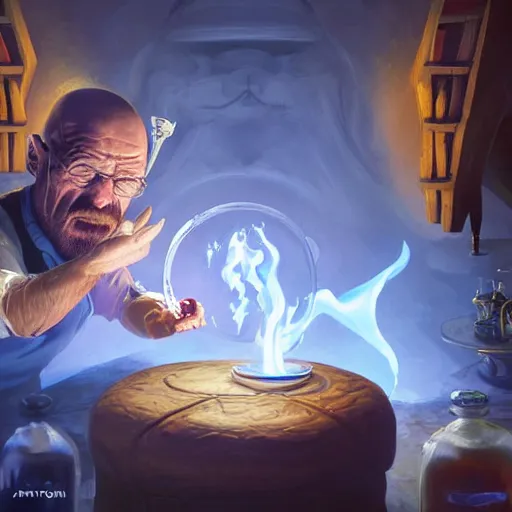 Prompt: Walter White The Alchemist of The Blue Flame Creating the most pure potion, Fantasy Illustration by Tony Sart, Trending on artstation