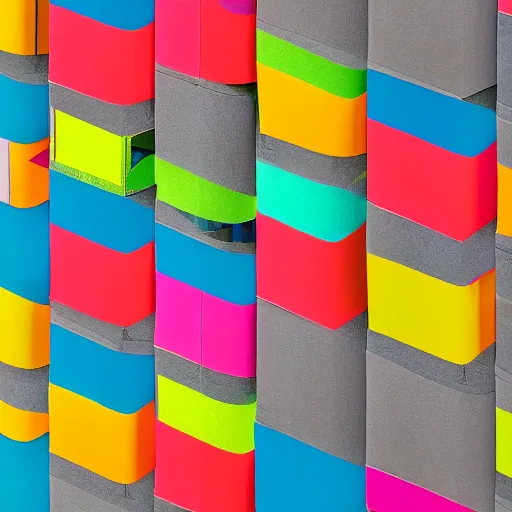 Image similar to a brutalist building made of colourful fabric sheets