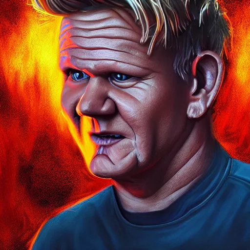 Image similar to photorealistic gordon ramsay in a hellscape by michael whelan. hyperdetailed photorealism, 1 0 8 megapixels, amazing depth, high resolution, 3 d shading, 3 d finalrender, 3 d cinematic lighting, glowing rich colors, psychedelic overtones, artstation concept art.