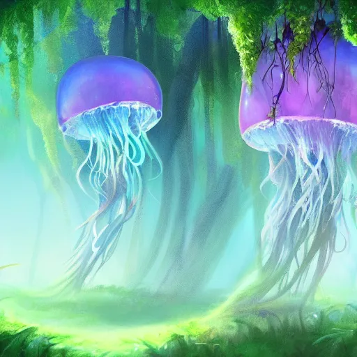 Prompt: a magical forest filled with floating glowing jellyfish, concept art, digital painting, deviantart, artstation