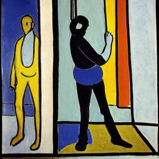 Image similar to mirrored image of a guy pointing a gut at his reflection. mirrored vertical. centered. by matisse.