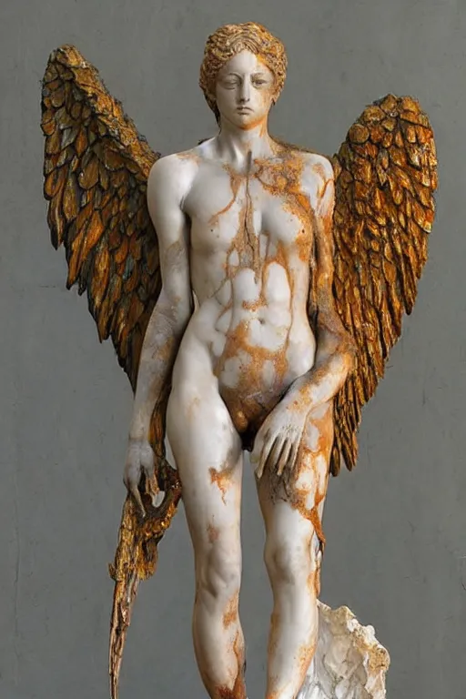 Prompt: realistic detailed statue of the terrific sacred destruction angel made with marble and with stained rust golden wings, body full of scars, made by Karol Bak, Mark Brooks and Bernini. Rich colors. Beksinski and Gerhard Richter painting. Masterpiece