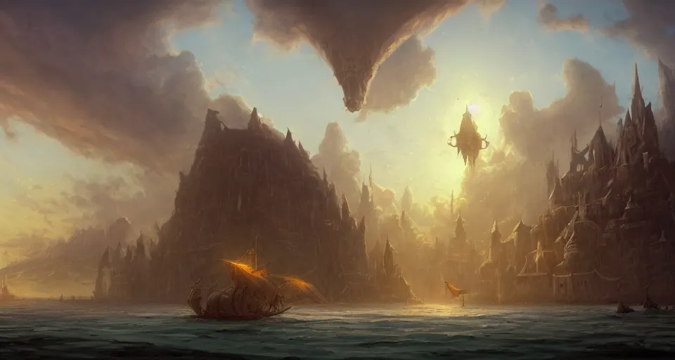 Image similar to low fantasy, landscape an ancient floating city in the sky and an sky - ship flying towards it andreas rocha