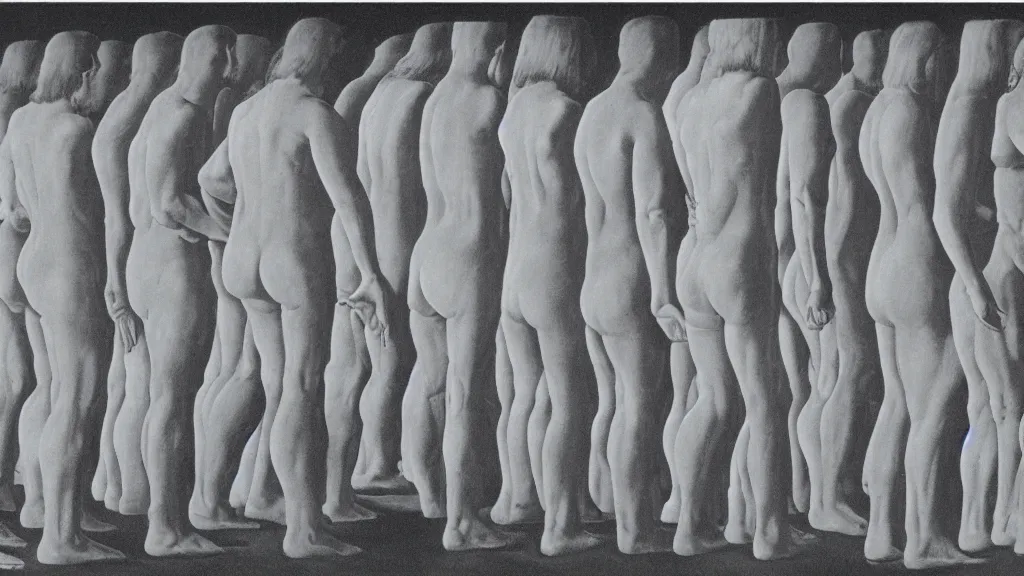 Prompt: A vintage scientific illustration from the 1970s of humans forming a cavern with their bodies by René Magritte