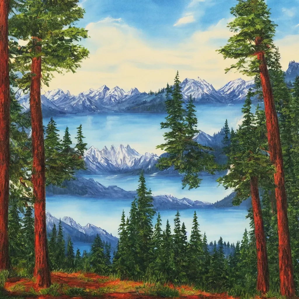 Image similar to a lake surrounded by pine trees with mountains in the background painted by Bob Ross