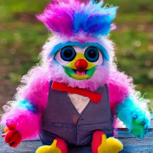 Image similar to an adorable fluffy furby muppet plush character with big gremlin ears and funfetti cake coloring wearing a little clown outfit and sitting on a wooden chair