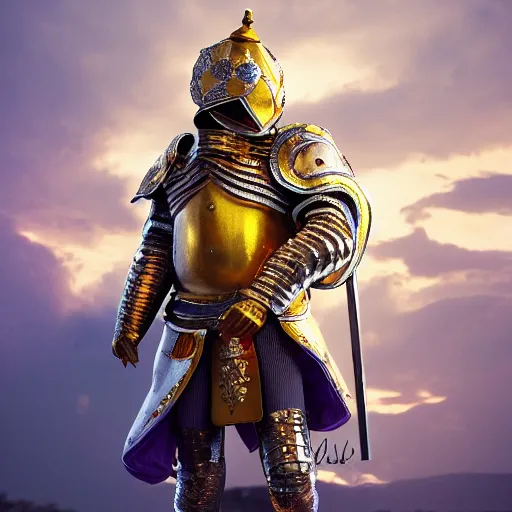 Image similar to a highly detailed knight in a T golden helmet and a golden crown with a blue diamond in the center, golden armor, leather clothes under the armor, leather gloves, holds a black sword, artstation, DeviantArt, professional, octane render, sunset lighting