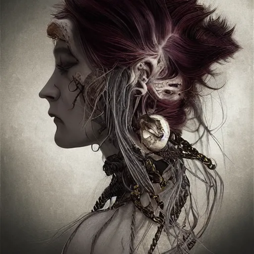 Image similar to portrait of a Shibari rope wrapped face and neck, headshot, insanely nice professional hair style, dramatic hair color, digital painting, of a old 13th century, traveler, amber jewels, baroque, ornate clothing, scifi, realistic, hyperdetailed, chiaroscuro, concept art, art by Franz Hals and Jon Foster and Ayami Kojima and Amano and Karol Bak,