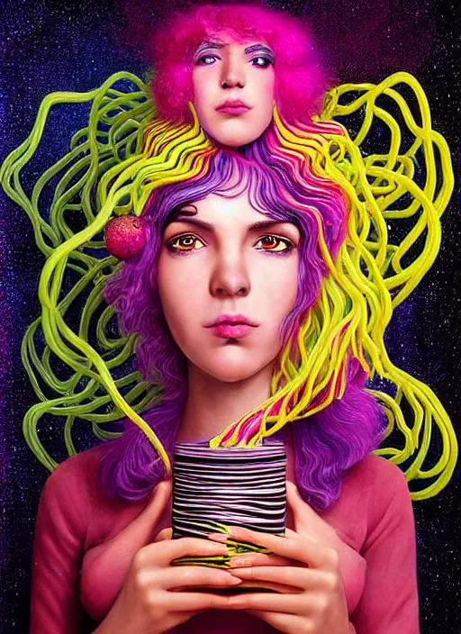 Image similar to hyper detailed 3d render like a Oil painting - Ramona Flowers with wavy black hair wearing thick mascara seen Eating of the Strangling network of colorful yellowcake and aerochrome and milky Fruit and Her staring intensely delicate Hands hold of gossamer polyp blossoms bring iridescent fungal flowers whose spores black the foolish stars by Jacek Yerka, kawaii ,Mariusz Lewandowski, cute silly face, Houdini algorithmic generative render, Abstract brush strokes, Masterpiece, Edward Hopper and James Gilleard, Zdzislaw Beksinski, Mark Ryden, Wolfgang Lettl, Dan Hiller, hints of Yayoi Kasuma, octane render, 8k