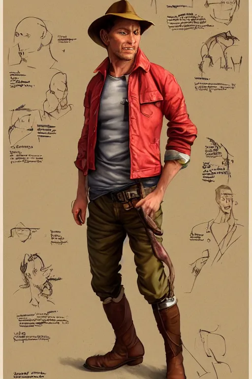 Prompt: character design, reference sheet, uncropped, 40's adventurer, unshaven, optimistic, stained dirty clothing, straw hat, riding boots, red t-shirt, dusty brown bomber leather jacket, detailed, concept art, photorealistic, hyperdetailed, , art by Leyendecker and frazetta,