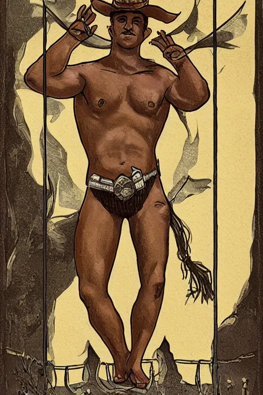 Prompt: tarot card of a shirtless cowboy, thicc build, dad bod, homoerotic, art deco, art nouveau, trending on artstation