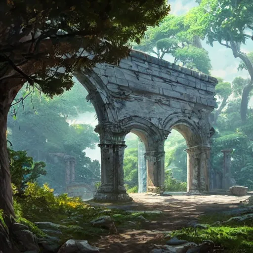 Image similar to concept art painting of an ornate ancient stone archway, in the woods, trees in foreground, realistic, detailed, cel shaded, in the style of makoto shinkai and greg rutkowski and james gurney