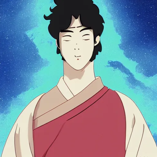 Prompt: a beautiful japanese male god sourrounded by borealis, studio ghibli style