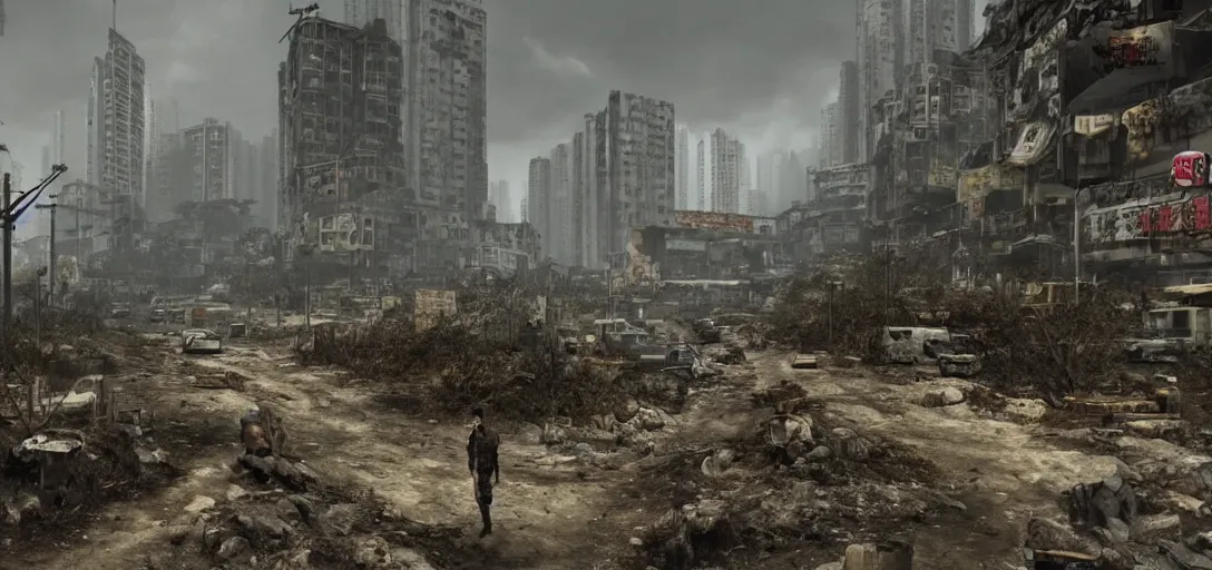 Prompt: A photorealistic and highly detailed landscape of post apocalyptic Hong Kong set in the Fallout Universe