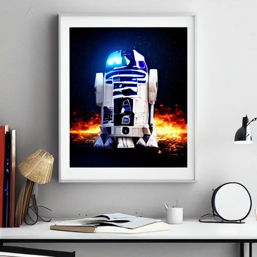 Image similar to Epic Cinematic Poster Of R2-D2 With An Explosion Behind Him