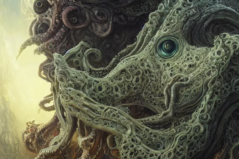 Image similar to a lovecraftian painting of cthulhu face of cosmic horror, cosmic horror elements, ultra realistic, concept art, intricate details, eerie, highly detailed, photorealistic, octane render, 8 k, unreal engine. art by artgerm and greg rutkowski and alphonse mucha